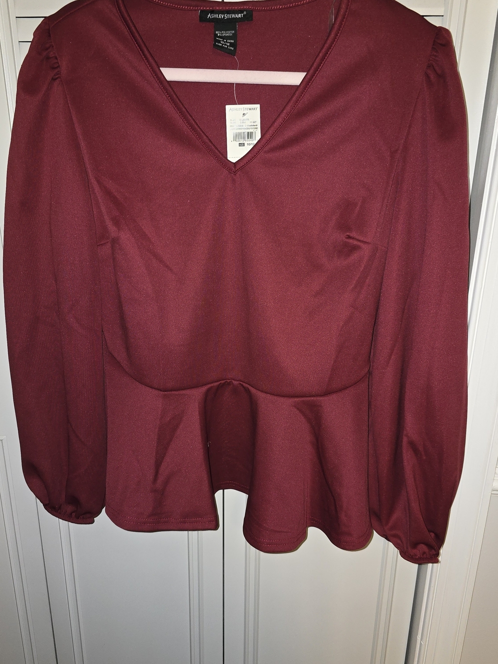 Ashley Stewart Maroon V-Neck Peplum Long-Sleeve Blouse